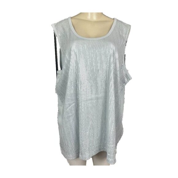 Denim 24/7 Plus 30/32 Gray Silver Sequin Scoop Neck Ribbed Trim Sleeveless Top - Picture 2 of 6